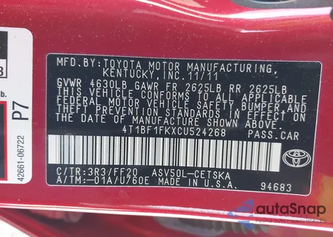 2012 Toyota Camry Se z USA, uszkodzony, nr VIN 4T1BF1FKXCU524268